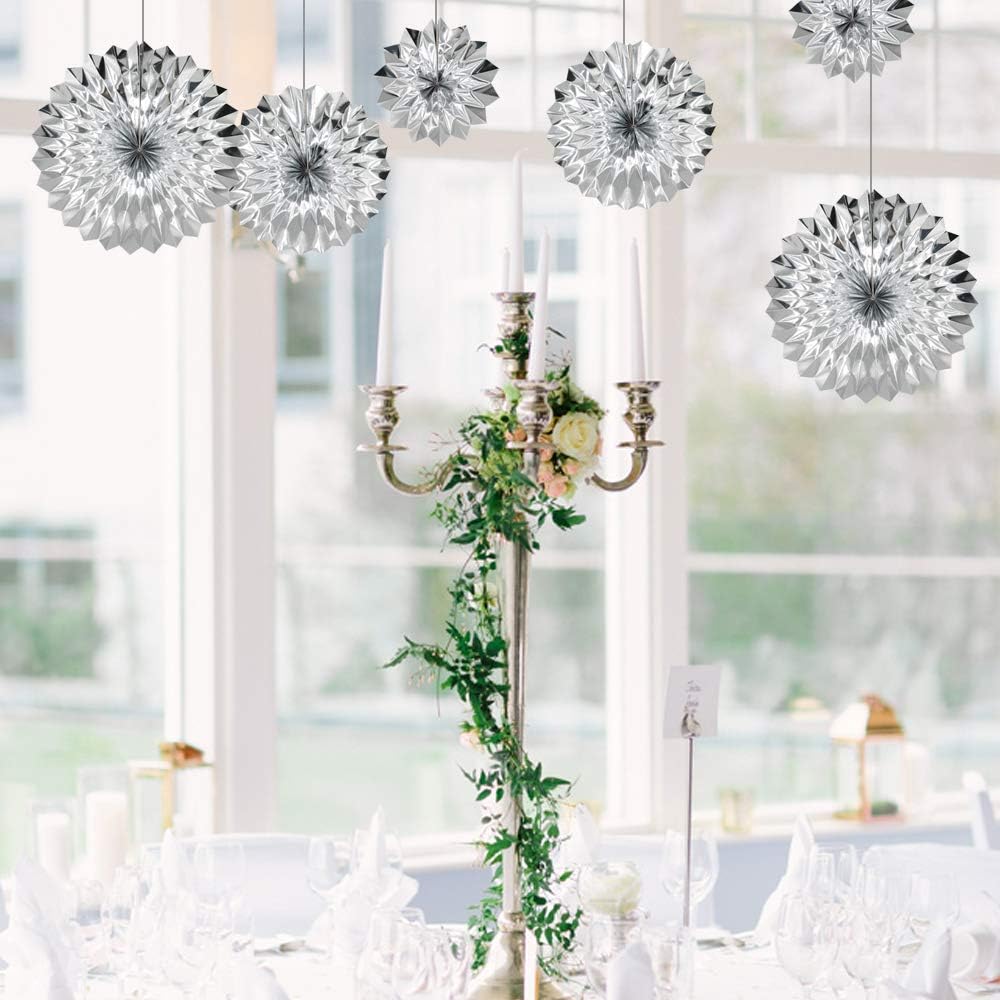 Hanging Paper Fans Party Set, Silver Round Pattern Paper Garlands Decoration for Birthday Baby
