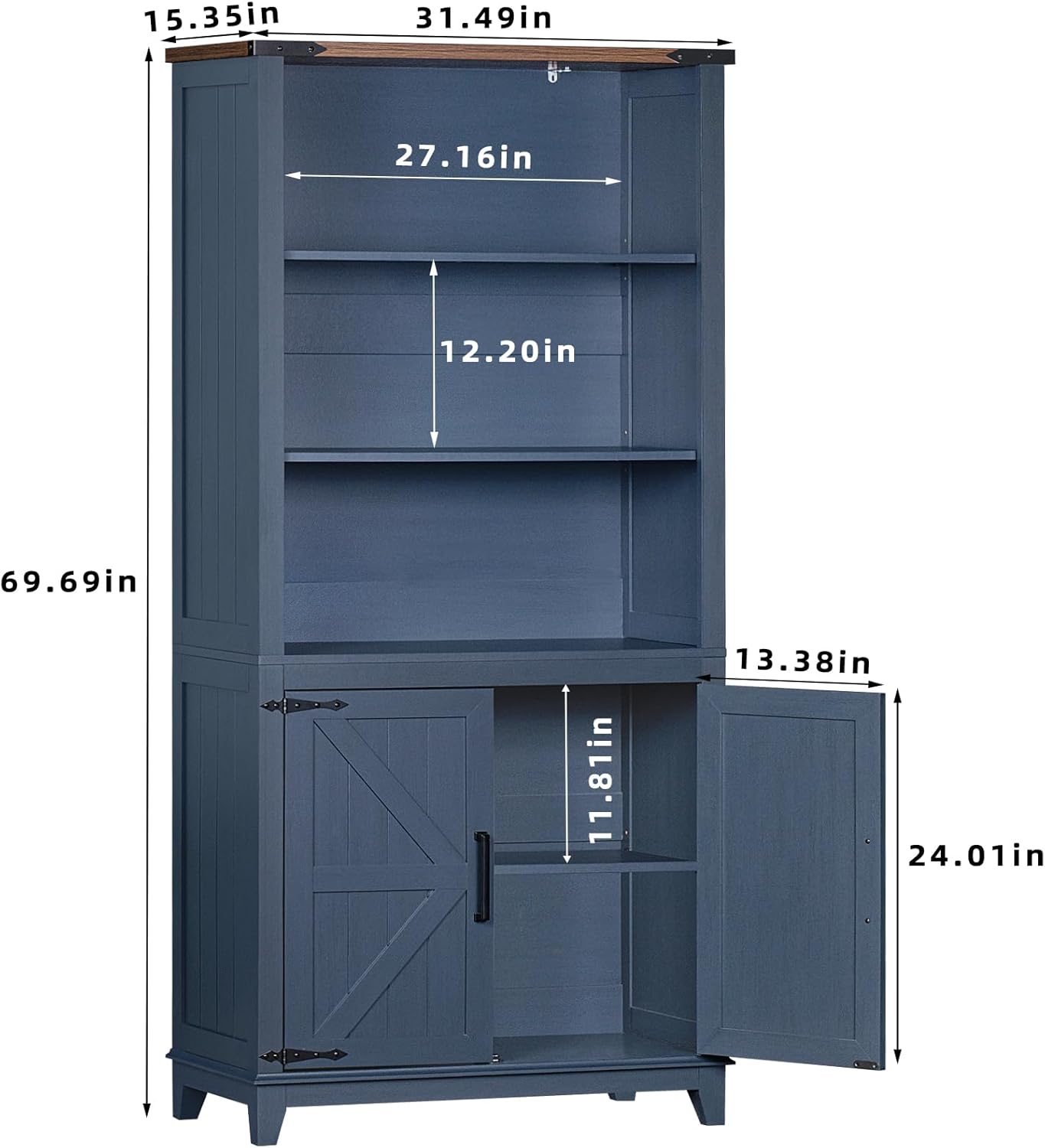 70in Tall Bookshelf 5 Tier Bookcase with Barn Doors and Adjustable Shelves, Blue Farmhouse Book