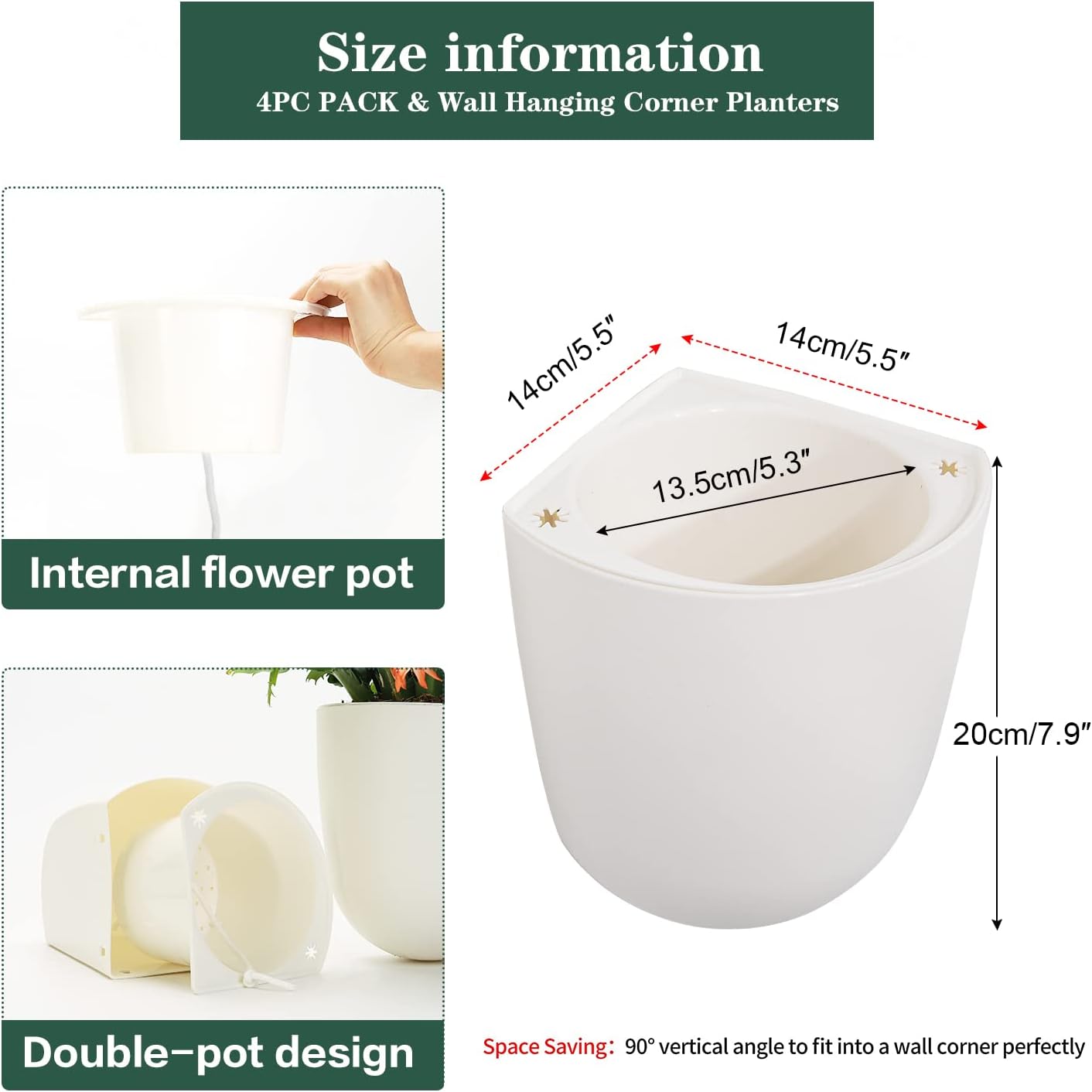 Sungmor Wall Hanging Corner Planters, 4PC White Wall Mounted Flower Pots, Self Watering Wall