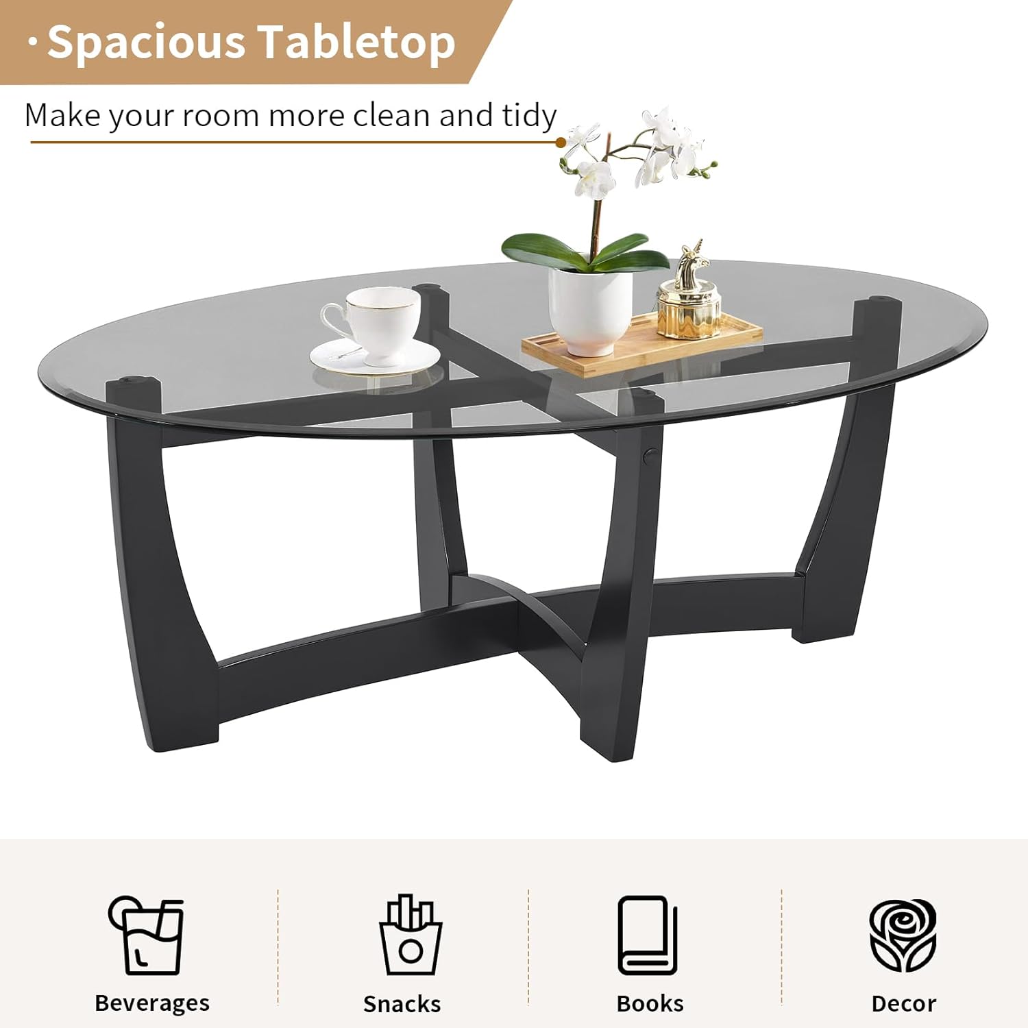 48" Oval Glass Coffee Table with Black Tempered Glass Top Cross and Solid Wood Base Simple & Modern