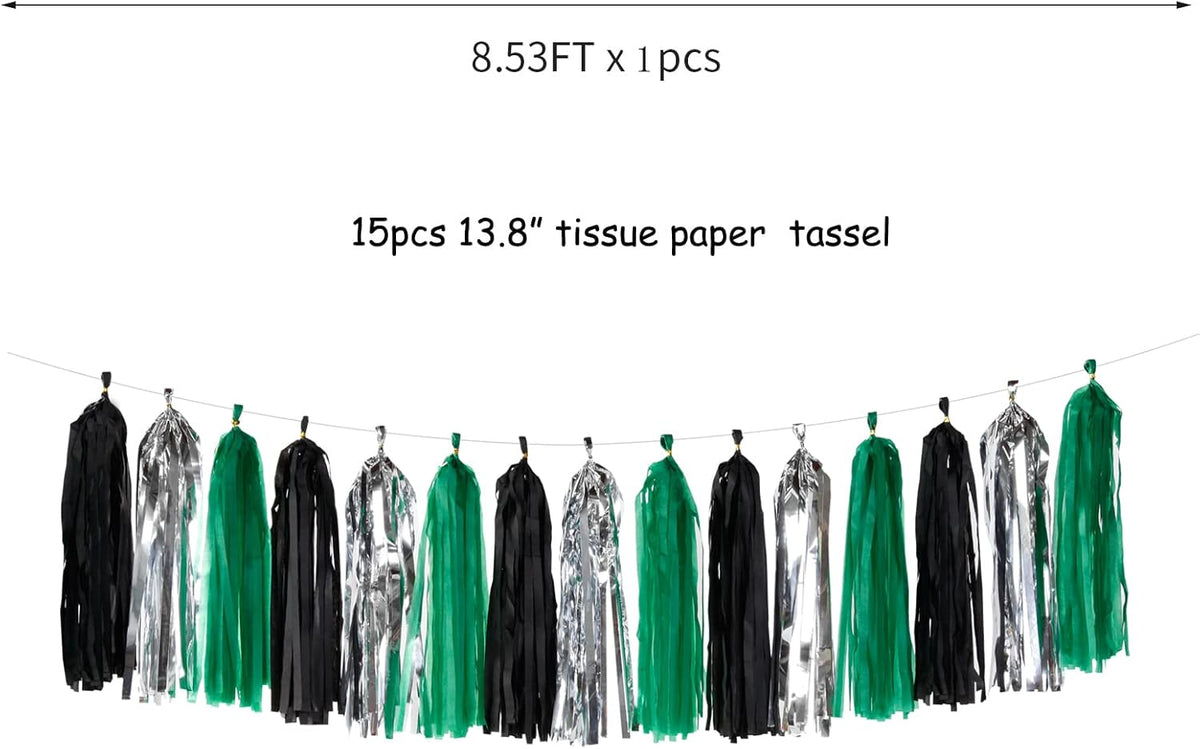 Black Green Silver Tassel Garland - 15pcs Soccer Party Supplies Tassels Graduation Backdrop