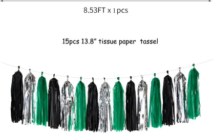 Black Green Silver Tassel Garland - 15pcs Soccer Party Supplies Tassels Graduation Backdrop