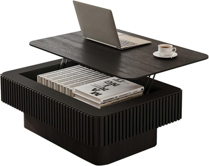 Lift Top Coffee Table with Storage, Solid Wood Coffee Table with Adjustable Height, Fluted Center