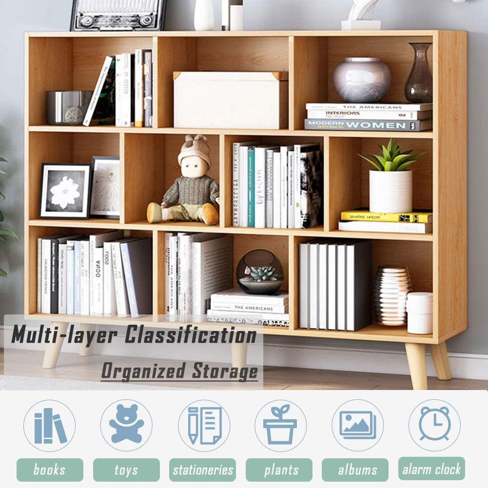 IOTXY Wooden Open Shelf Bookcase - 3-Tier Floor Standing Display Cabinet Rack with Legs, 10 Cubes
