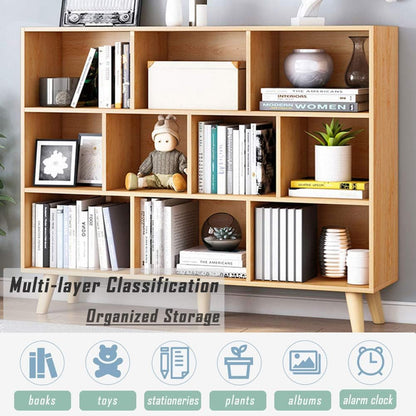 IOTXY Wooden Open Shelf Bookcase - 3-Tier Floor Standing Display Cabinet Rack with Legs, 10 Cubes