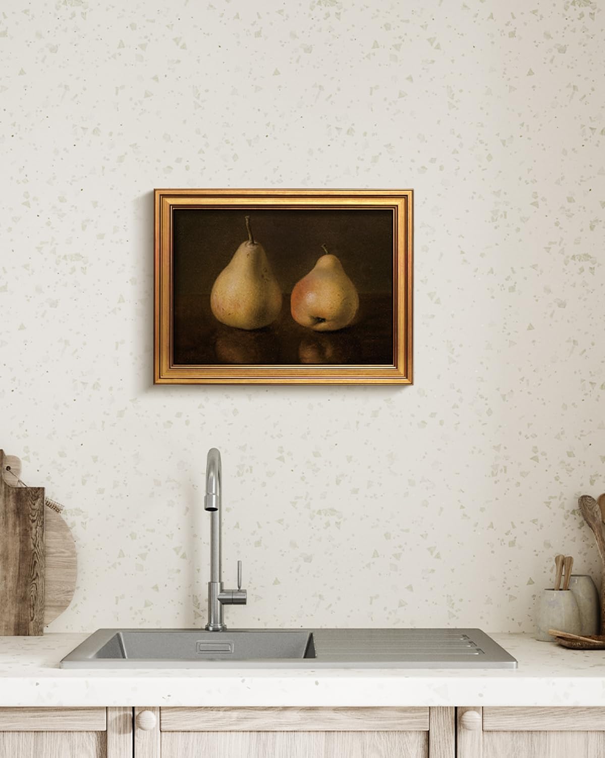 HUARCEY Gold Framed Vintage Wall Art for Living Room, Pear Fruits Painting Prints Shelf Decor for