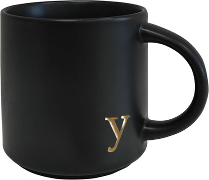 COLLECTIVE HOME - Black Monogram Ceramic Mugs, 15 oz Golden Initial Coffee Cups, Elegant Alphabet