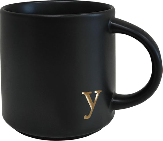 COLLECTIVE HOME - Black Monogram Ceramic Mugs, 15 oz Golden Initial Coffee Cups, Elegant Alphabet