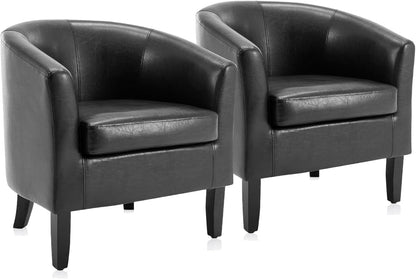 BELLEZE Accent Barrel Chair, Set of 2 Faux Leather Round Club Tub Sofa Corner Chair with Flared