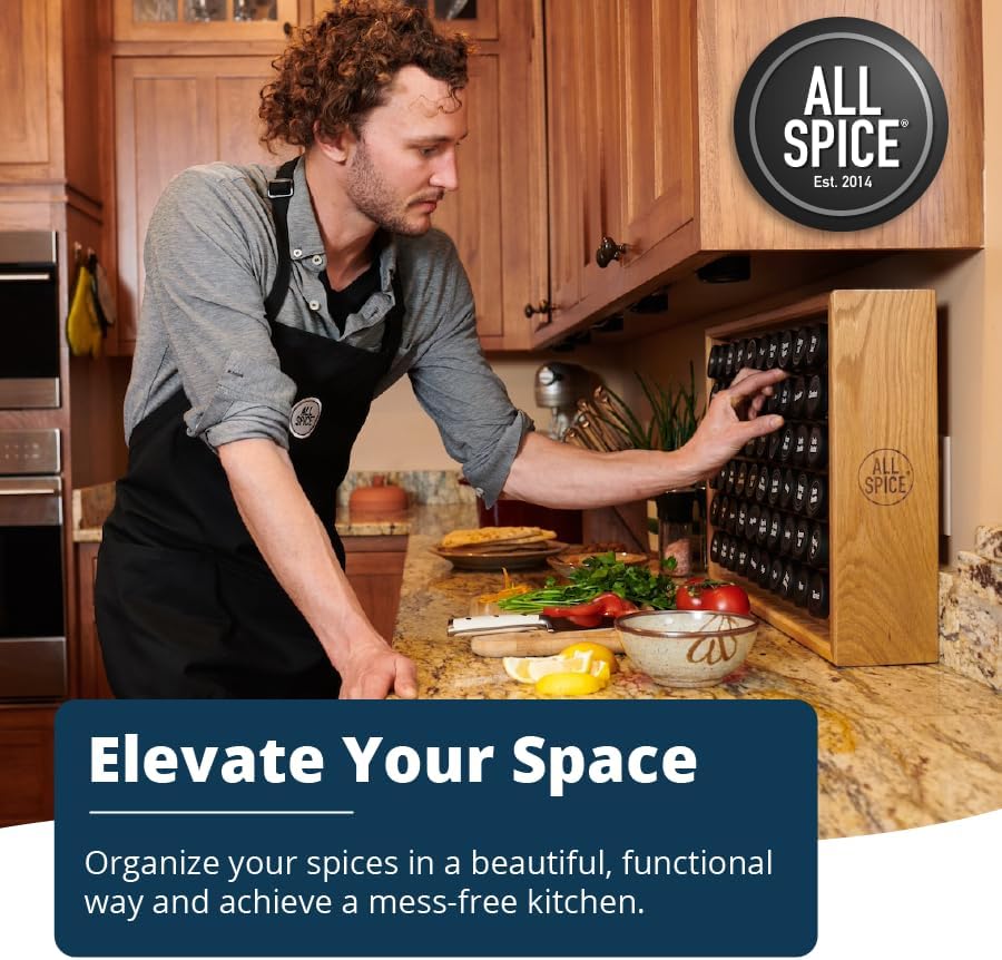 AllSpice Spice Rack Organizer, Wood, 525 Unique Labels, Countertop or Wall Mount, Includes 60 4oz