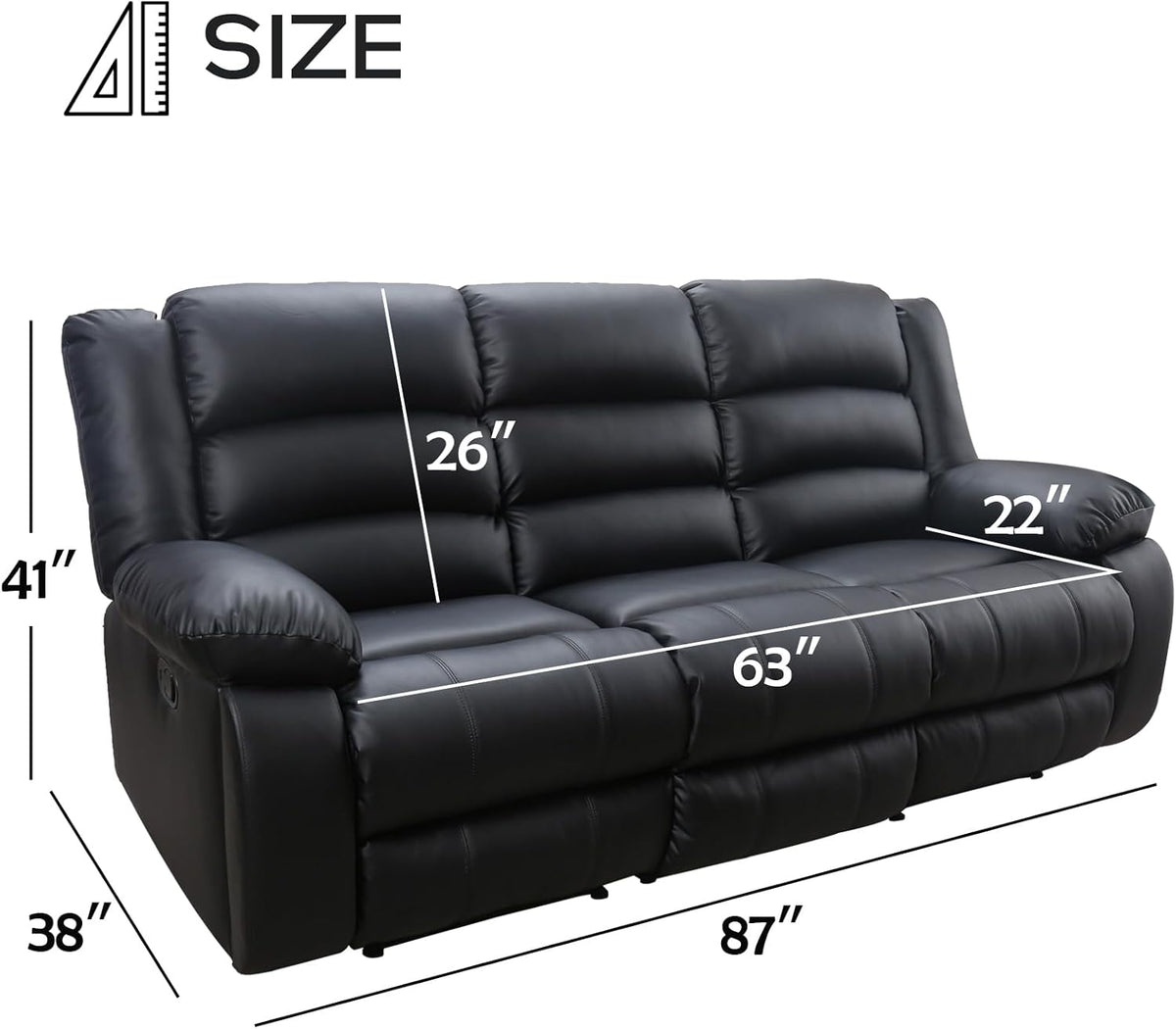 EBELLO Faux Leather Manual Reclining Sofa with 2 Concealed Cup Holders, Overstuffed Armrest 3 Seat