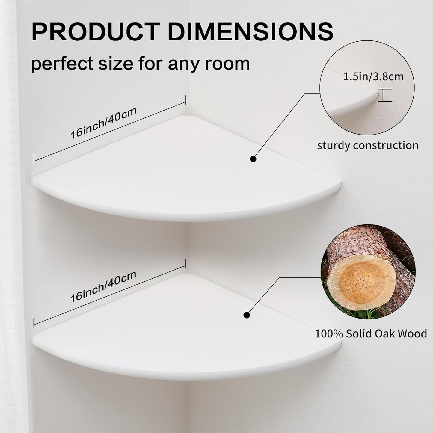 Corner Wall Shelves, White Floating Corner Shelf, Set of 2 16inch Solid Oak Wood Shelves, Round End
