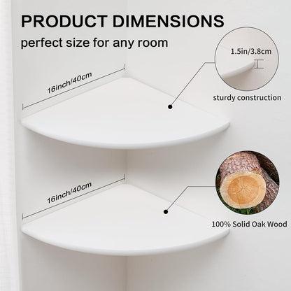 Corner Wall Shelves, White Floating Corner Shelf, Set of 2 16inch Solid Oak Wood Shelves, Round End