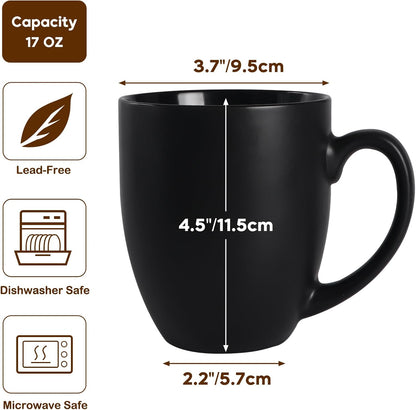 16 OZ Black Stoneware Mugs Set of 6, Large Ceramic Coffee Cups with Handle, Porcelain Mugs for