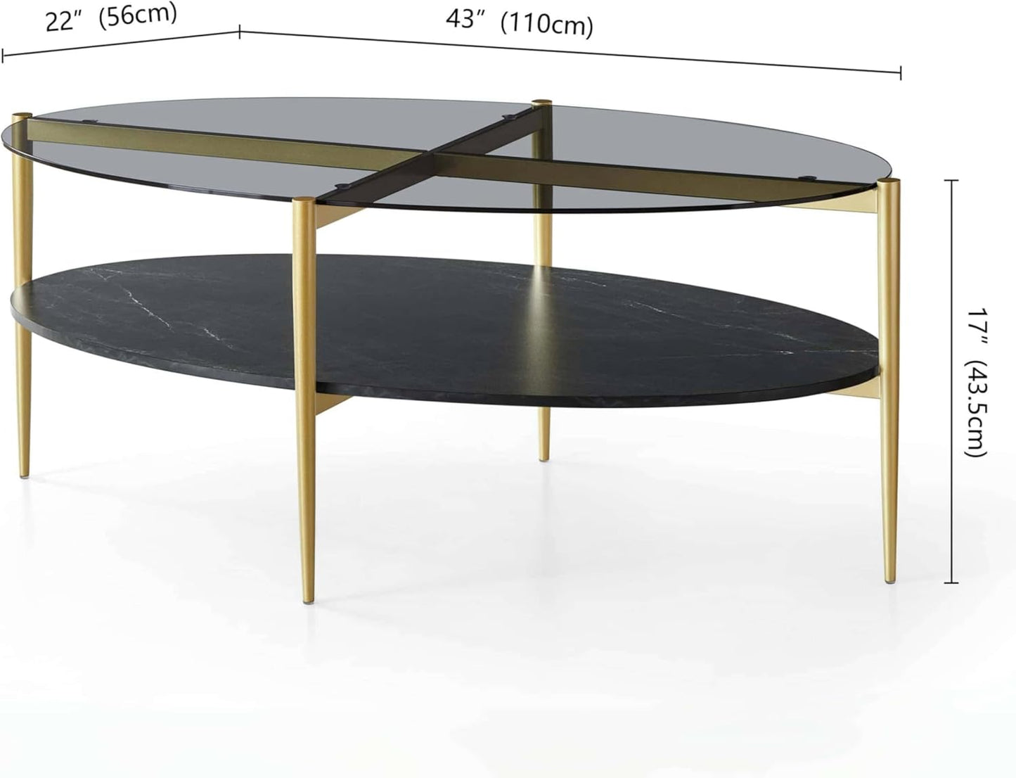 Oval Glass Coffee Table, Mid-Century Modern Design, L43 x W22 x H17 inch, Surfboard Shaped Grey