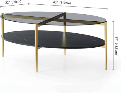 Oval Glass Coffee Table, Mid-Century Modern Design, L43 x W22 x H17 inch, Surfboard Shaped Grey