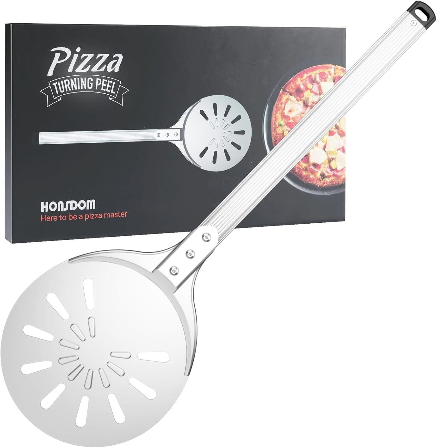Pizza Turning Peel, 8-inch Pizza Peel Turner Spinner, Long Handle Perforated Aluminum Pizza Peel