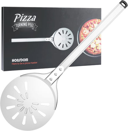 Pizza Turning Peel, 8-inch Pizza Peel Turner Spinner, Long Handle Perforated Aluminum Pizza Peel