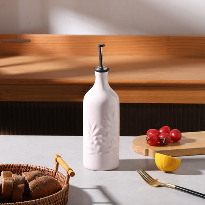 Sweejar Ceramic Olive Oil Dispenser Bottle, 20 Oz Relief Opaque Oil Cruet Protects To Reduce