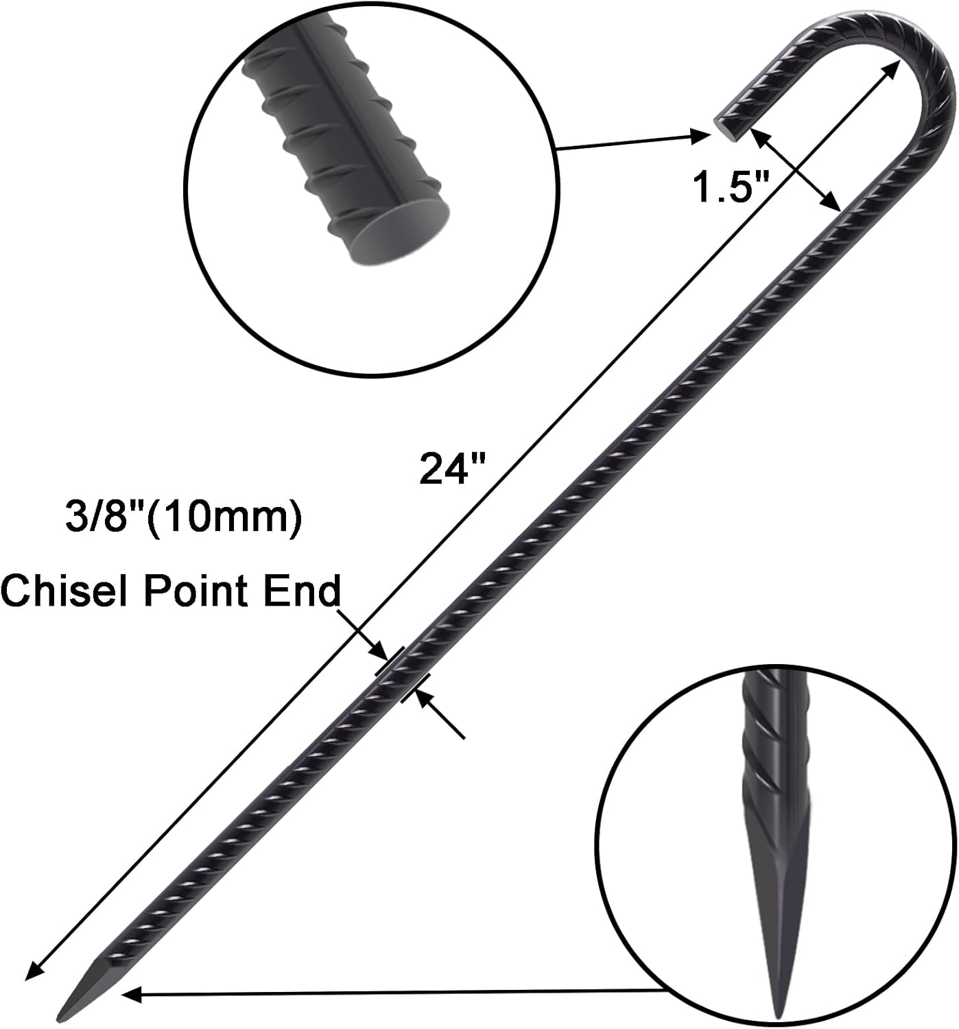 VVOKGO Rebar Stakes 24 Inch J Hook Heavy Duty Ground Anchors (8pcs), 3/8 Inch Diameter Metal Steel