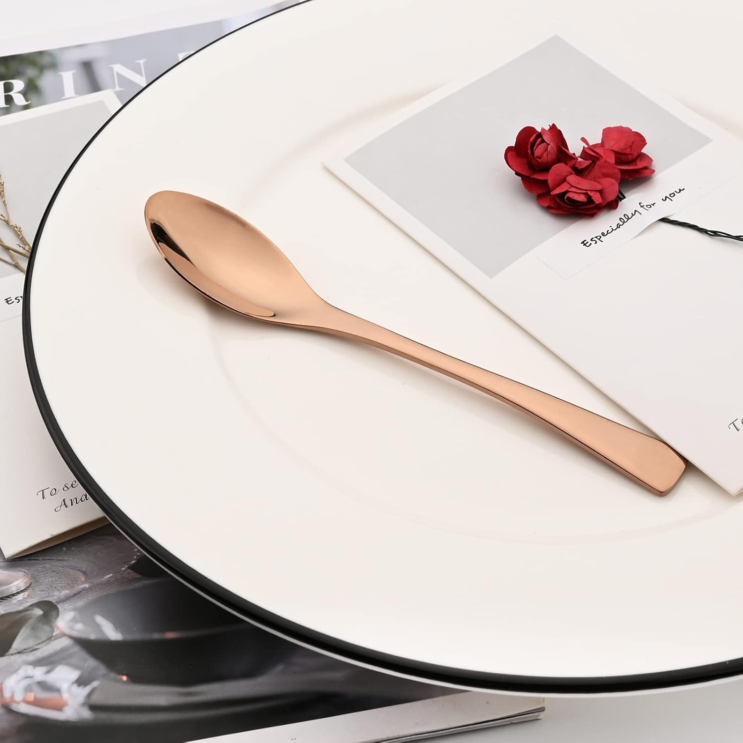 24-Piece Copper Flatware, Mirror 18/10 Stainless Steel Modern & Luxury Dinnerware Set With Serrated