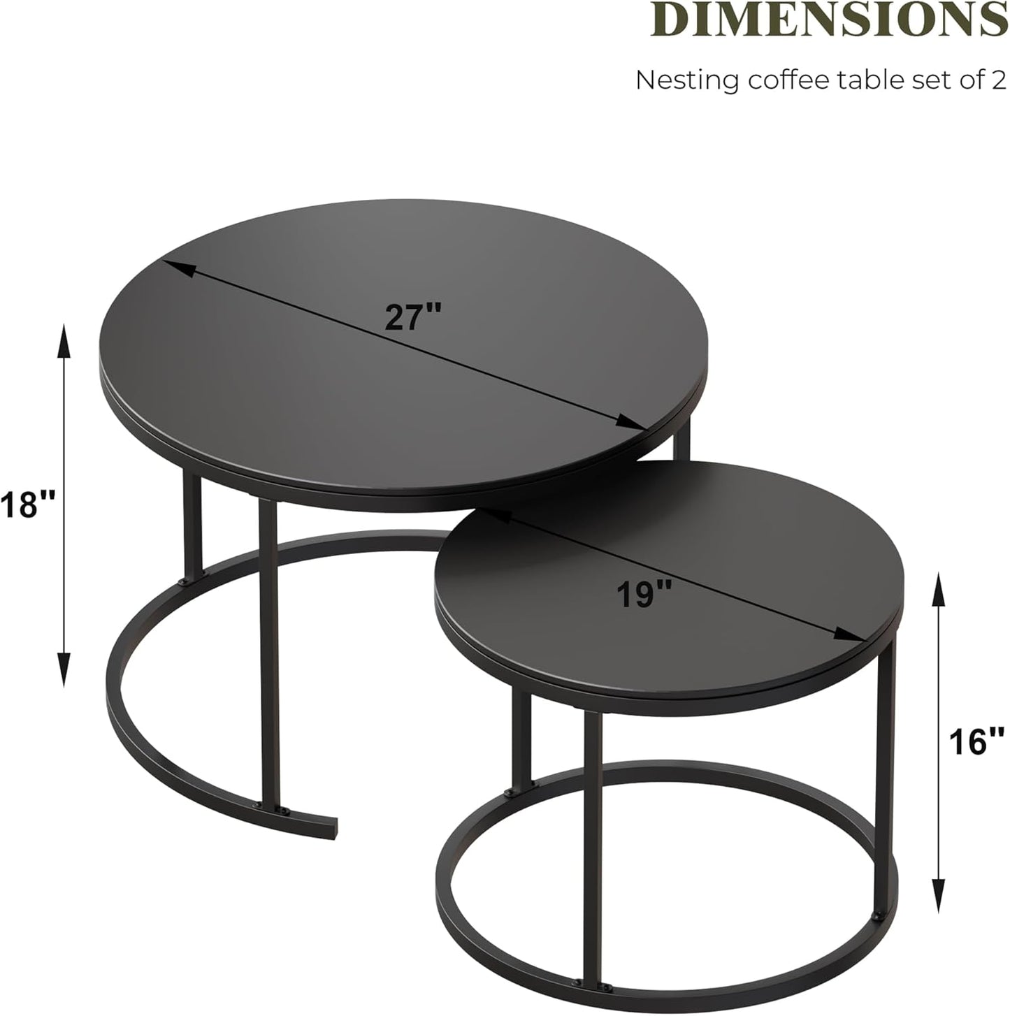 Round Nesting Coffee Table, Black Modern Decorative Coffee Center Table Set of 2, Sintered Stone