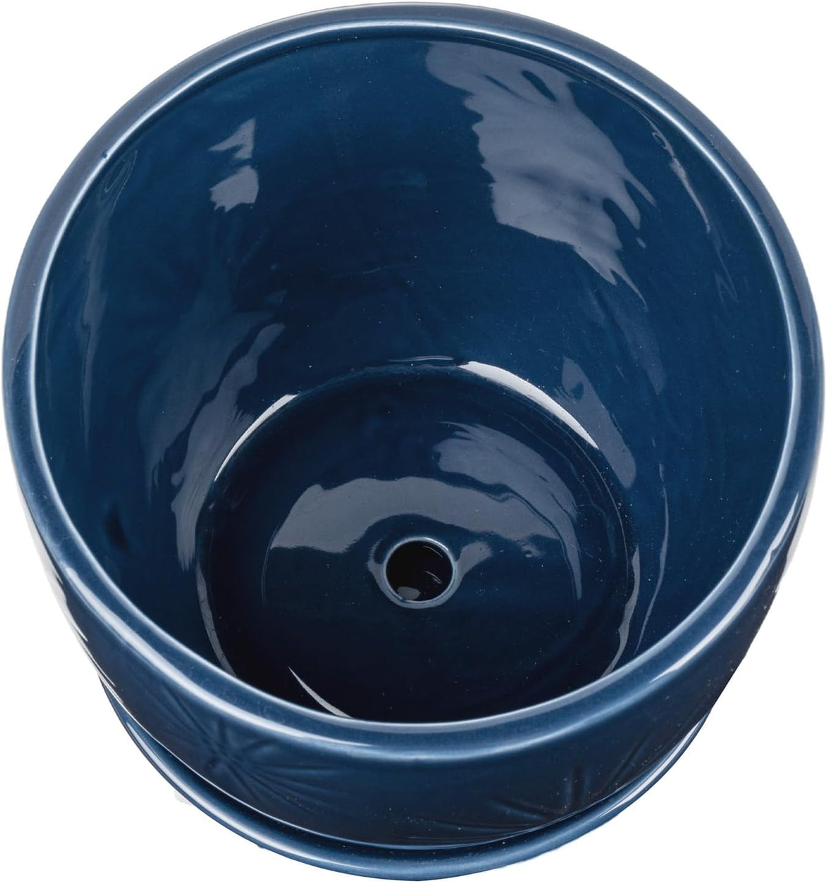 MyGift 7 Inch Round Blue Ceramic Plant Pot with Drainage Hole and Attached Saucer, Modern