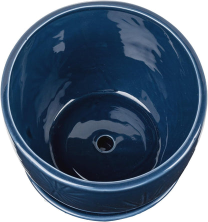 MyGift 7 Inch Round Blue Ceramic Plant Pot with Drainage Hole and Attached Saucer, Modern