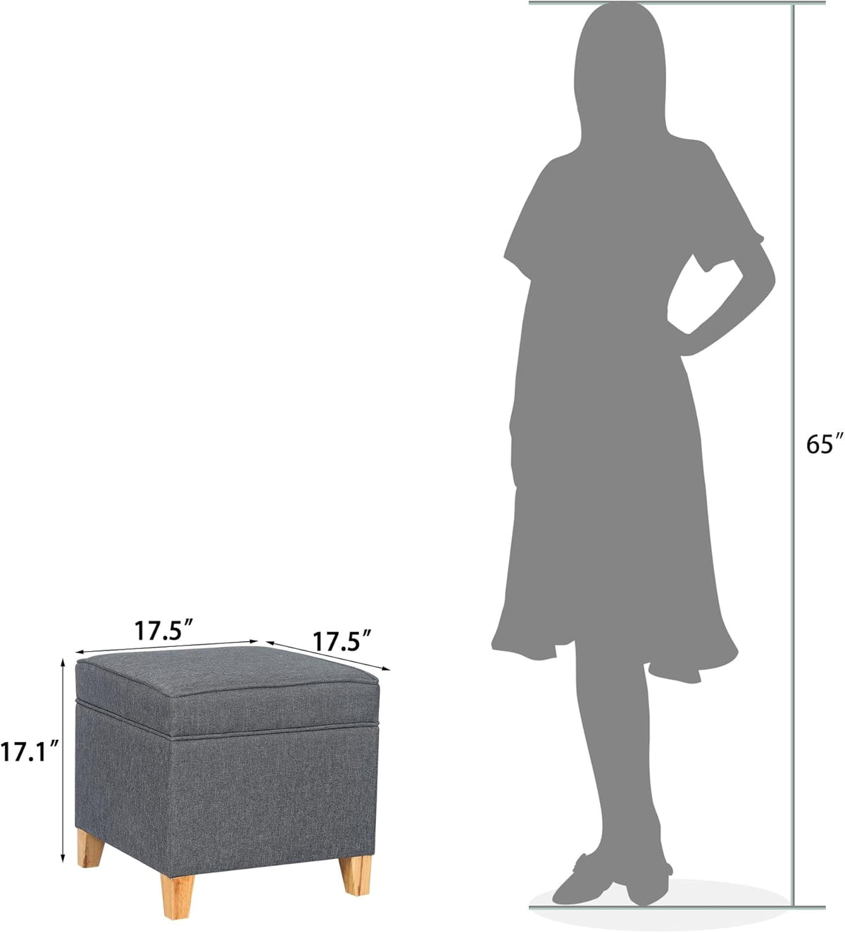 Adeco 17.5" Square Fabric Ottoman with Storage, Upholstered Cotton Linen Foot Rest, Flip Top