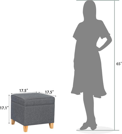 Adeco 17.5" Square Fabric Ottoman with Storage, Upholstered Cotton Linen Foot Rest, Flip Top