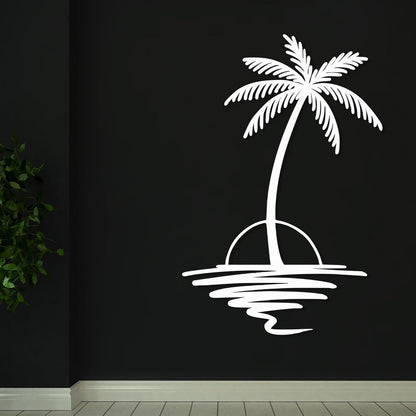 Metal Palm Tree with Sunset Wall Art, Large Outdoor Wall Decor, Tropical Beach Coastal Decor for