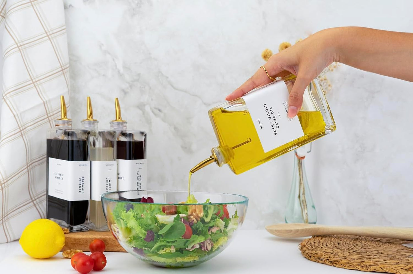 Molimoli Olive Oil Dispenser Bottle for Kitchen, Automatic Pourer, Glass Dispenser for Kitchen