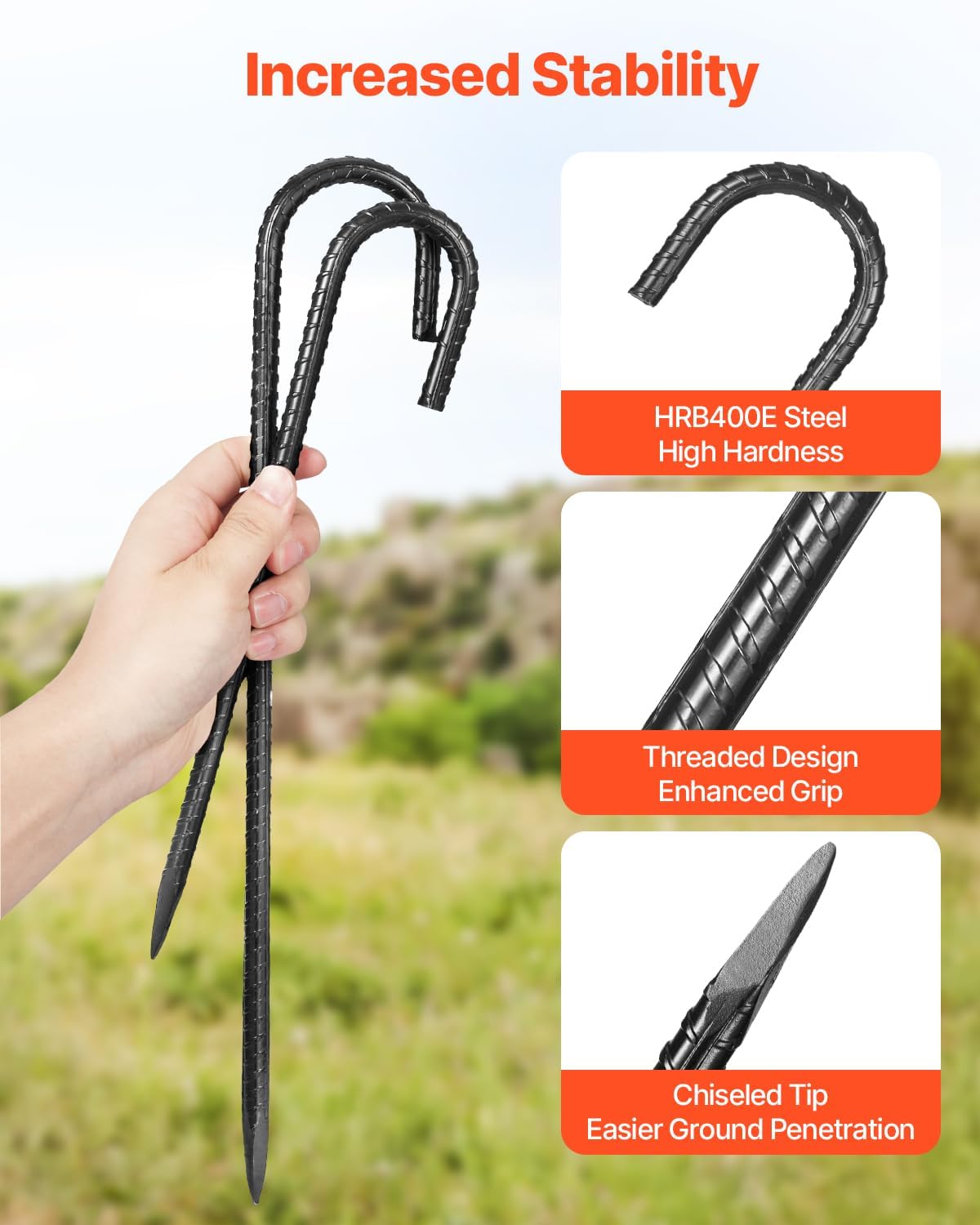 VEVOR Rebar Stakes, 16-Inch, Heavy-Duty 0.4 in Diameter J Hook, Galvanized Steel Ground Anchors