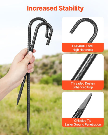 VEVOR Rebar Stakes, 16-Inch, Heavy-Duty 0.4 in Diameter J Hook, Galvanized Steel Ground Anchors