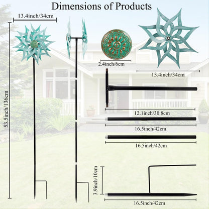 Viveta Metal Wind Spinners,53.5" Kinetic Wind Sculptures,Green Garden Pinwheels Double Layer
