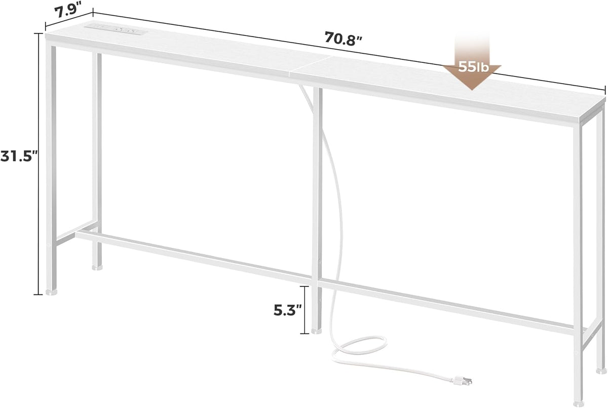 SUPERJARE 70 Inch Console Table with Outlet, Sofa Table with Charging Station, Narrow Entryway