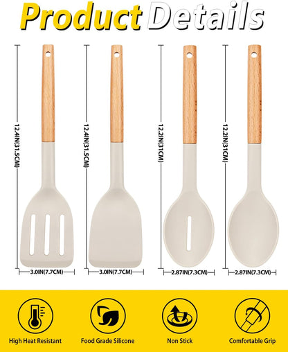 Pack of 4 Silicone Cooking Utensils Set, Non Stick Solid Spatulas and Heat Resistant Slotted Spoons