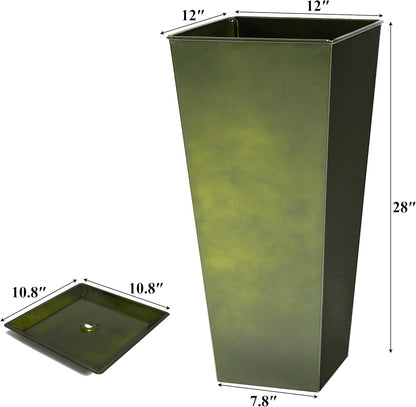 WORTH Garden 28" Large Metal Glazed Planter Set of 2, Luxurious Glossy Finish Green Tall Square