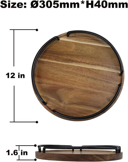 Round Wooden Serving Tray - Rustic Style Decorative Tray for Coffee Table, Living Room, Vanity