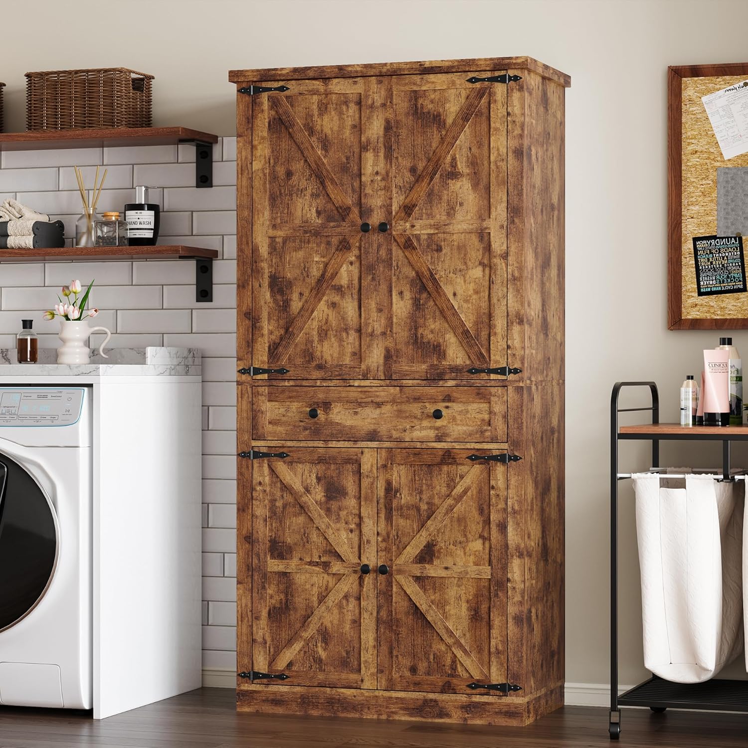 Pantry Organizers and Storage Cabinet, 70” Barn Door White Kitchen Cabinet with Drawers and