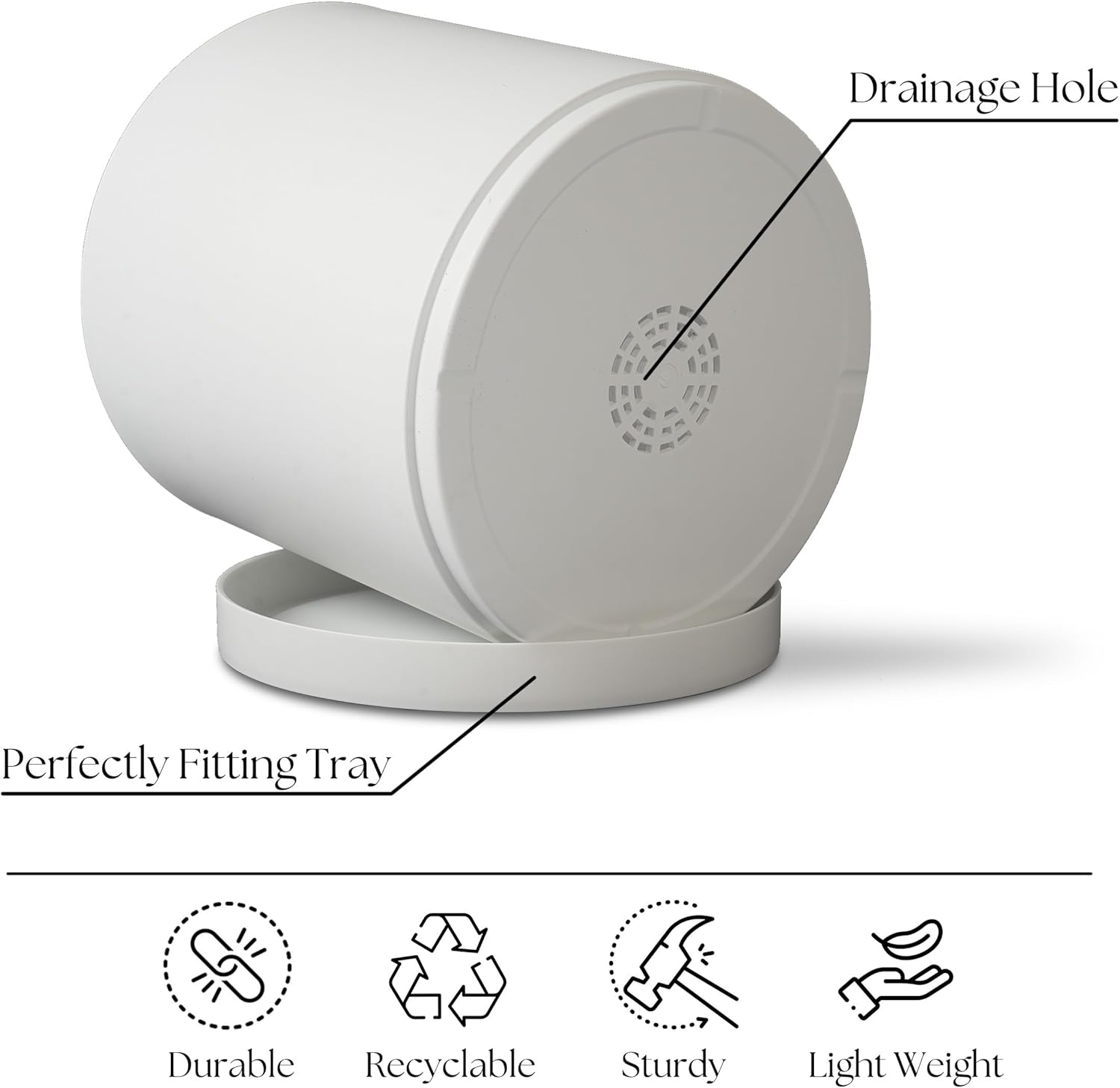 Modern 12 Inch Plant Pot with Drainage Hole & Saucer – Indoor Outdoor White Planter, Lightweight