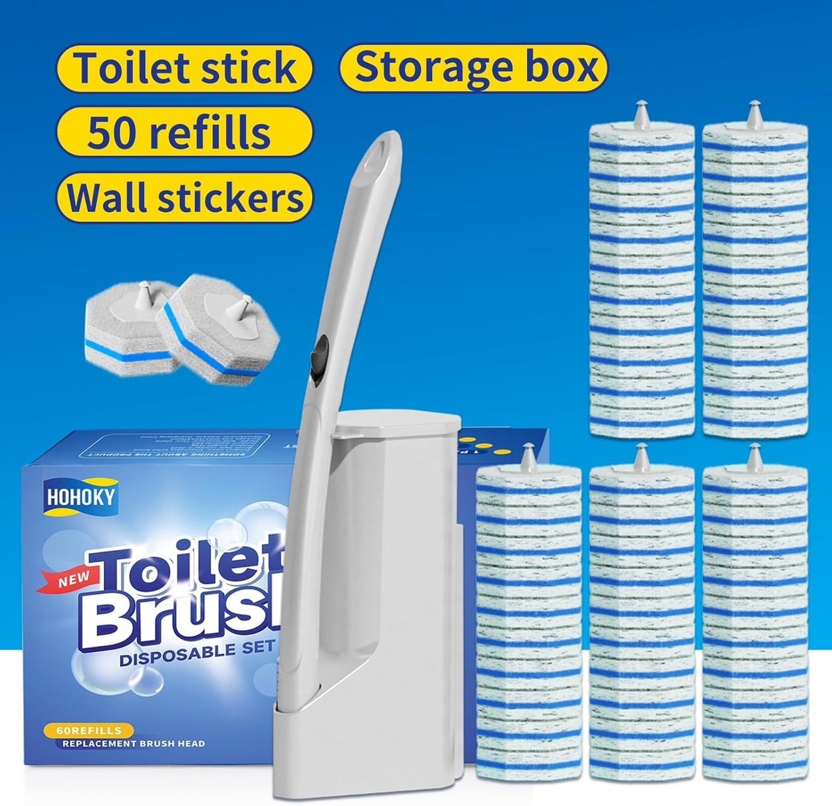 Disposable Toilet Cleaning Wand Set with 50 Refill Pads, Wall-Mounted Holder, Long Handle Toilet