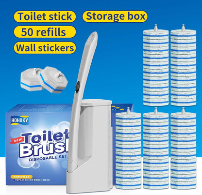 Disposable Toilet Cleaning Wand Set with 50 Refill Pads, Wall-Mounted Holder, Long Handle Toilet