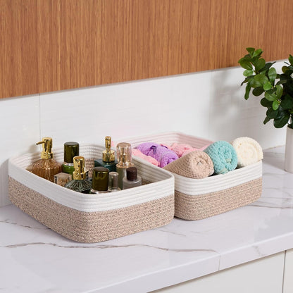 Large Shallow Organizing Baskets 15x11x5.1 Inches - Rope Woven Storage Bins for Bathroom, Shelves