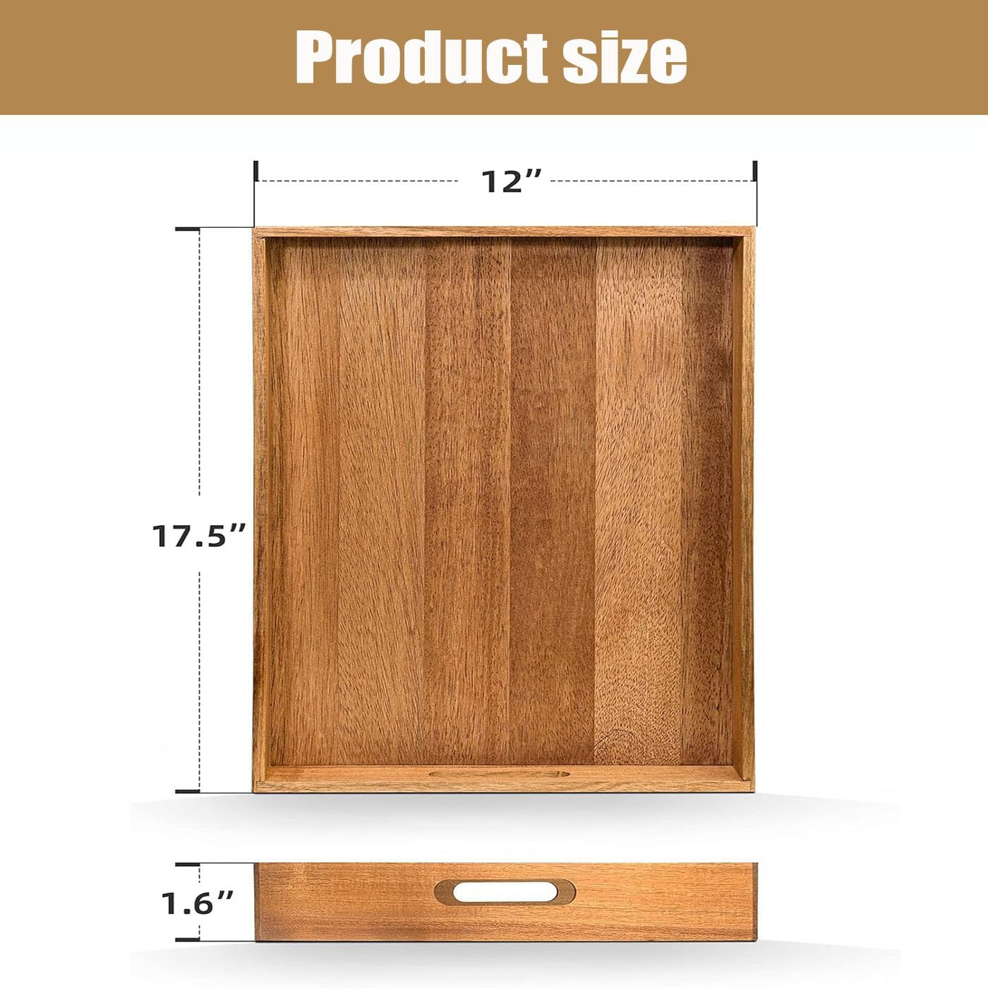 Acacia Wood Serving Tray with Handles - 17-Inch Large Wooden Tray for Ottoman - Perfect for