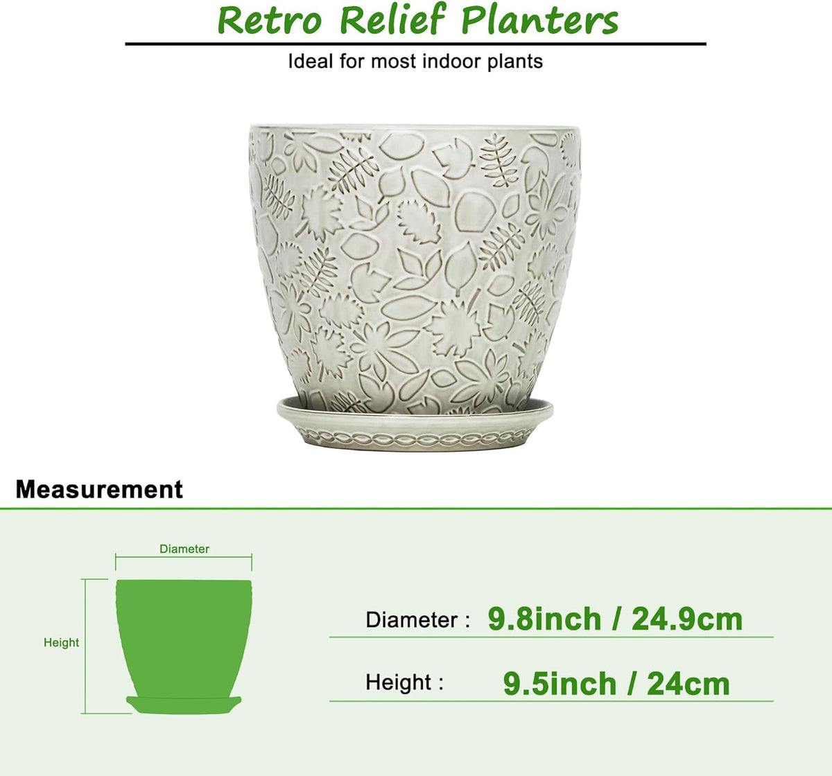 10inch Retro Ceramic Planter with Drainage Hole and Saucer for Multiple Plants, Indoor-Outdoor