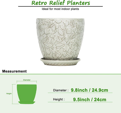 10inch Retro Ceramic Planter with Drainage Hole and Saucer for Multiple Plants, Indoor-Outdoor