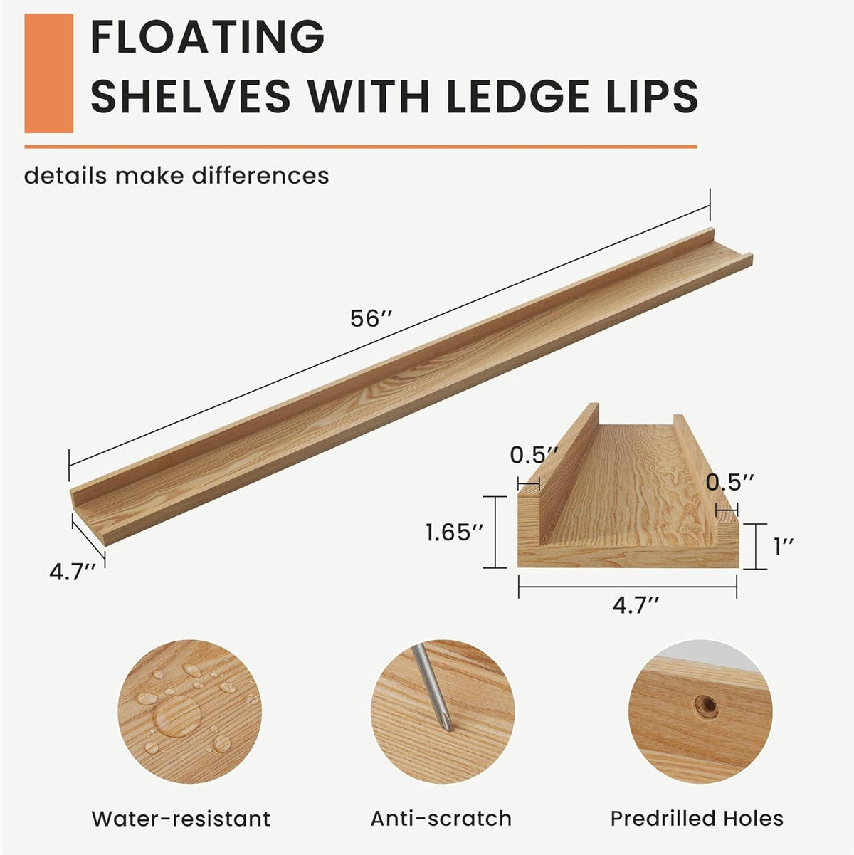 Solid Ash Wood Picture Ledge Shelf, Floating Shelves Set of 2, 56 Inch Long Large Ledge Shelves