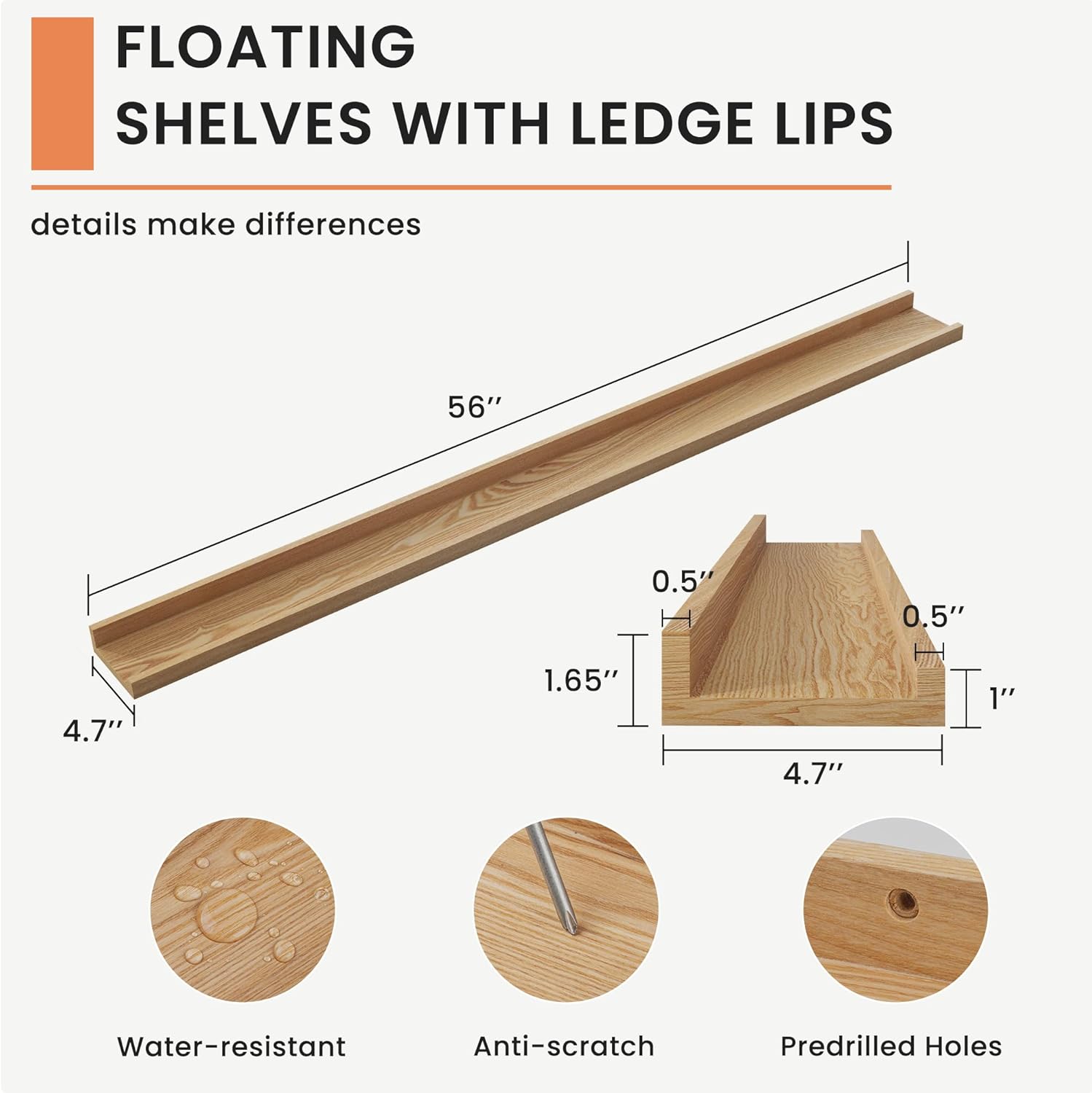 Solid Ash Wood Picture Ledge Shelf, Floating Shelves Set of 2, 56 Inch Long Large Ledge Shelves