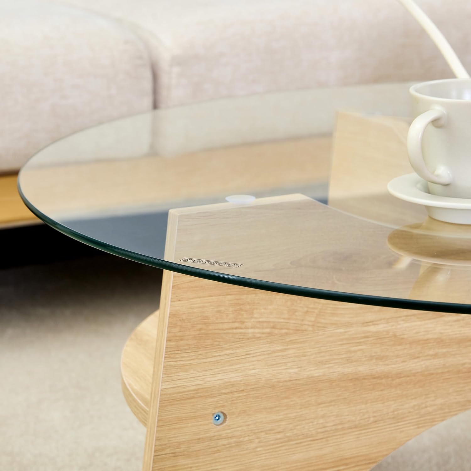 31.5" Round Glass Coffee Table with Tempered Glass Top and MDF Base, Diagonal Fan-Shaped Tray